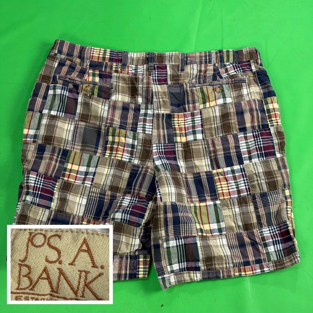 VTG Y2K Jos A Bank Patchwork Madras Plaid Shorts Mens 40 100% Cotton Flat Front
